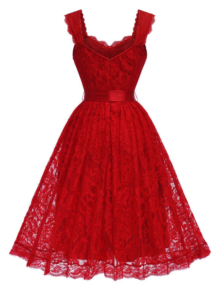 Rotes 50er Spitzen-Swingkleid mit Herzausschnitt und Schleife