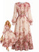 Rosa 70er Chiffon-Kleid mit Blumen und Ballonärmel