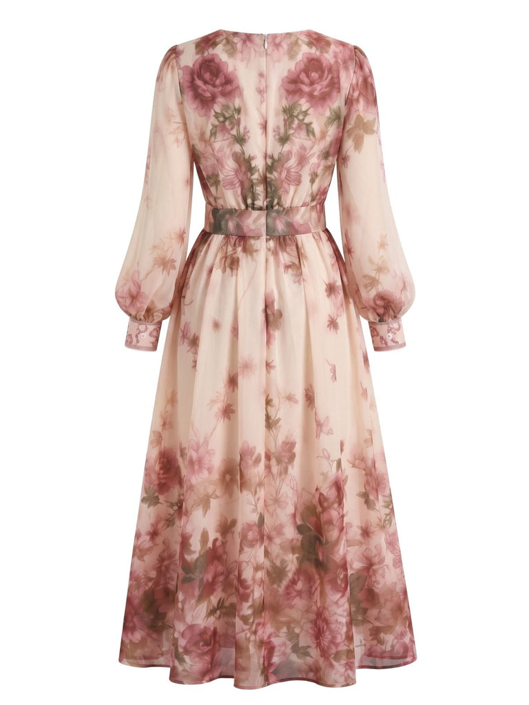 Rosa 70er Chiffon-Kleid mit Blumen und Ballonärmel