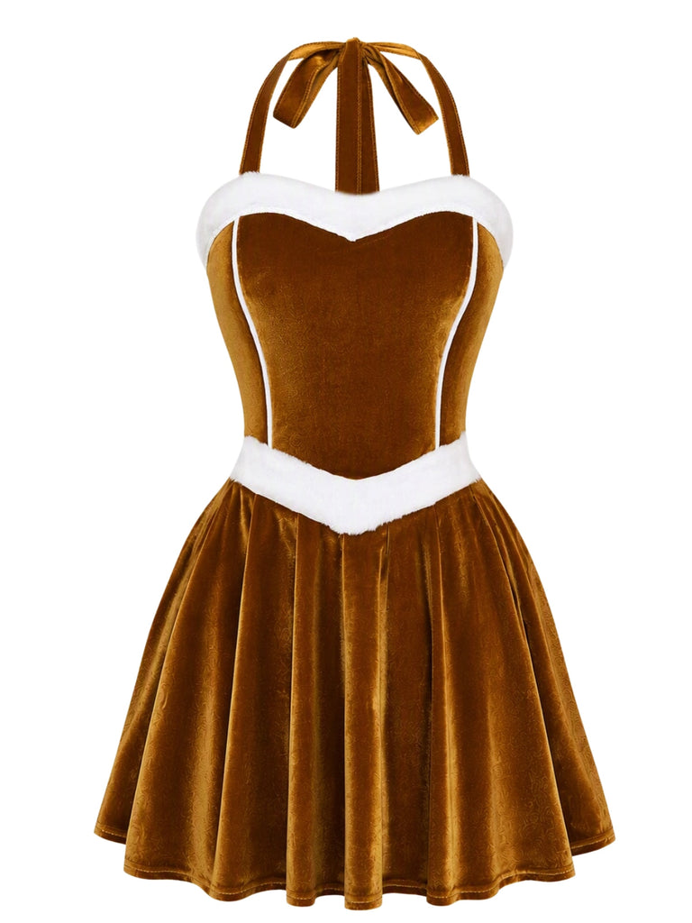 50er Weihnachts-Samtkleid mit Rentiermotiv und Kapuzencape