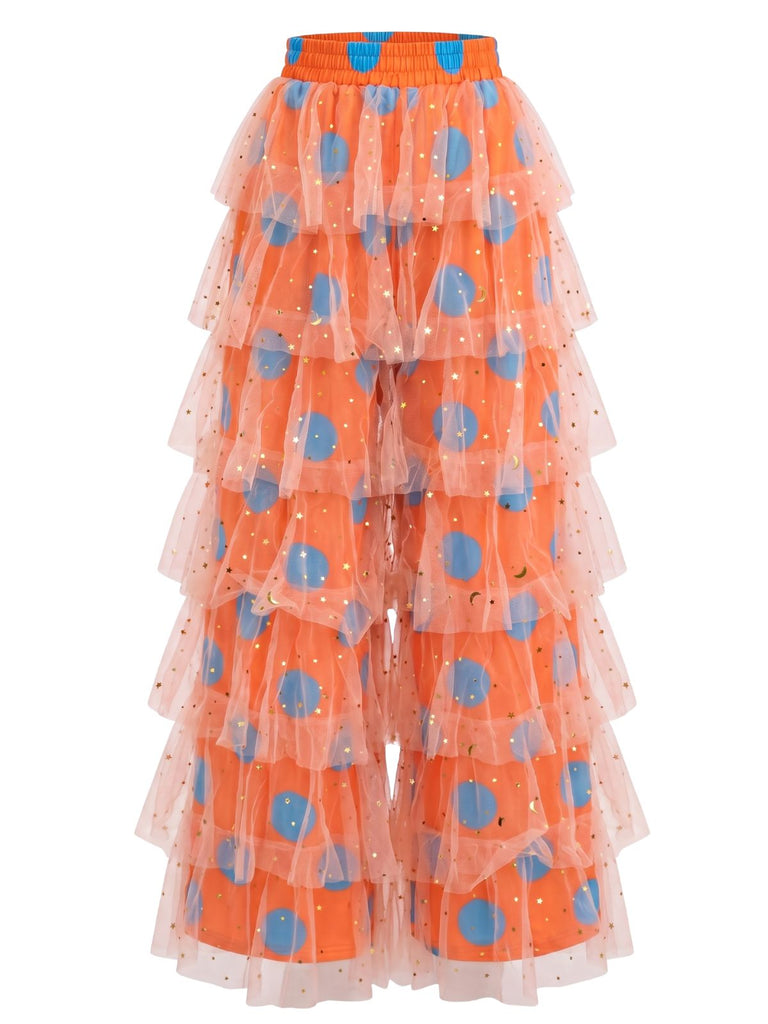 Orange 70er Disco Hose mit Polka-Dots und Rüschen