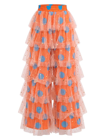 Orange 70er Disco Hose mit Polka-Dots und Rüschen