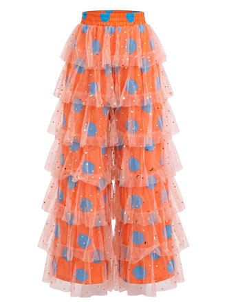 Orange 70er Disco Hose mit Polka-Dots und Rüschen