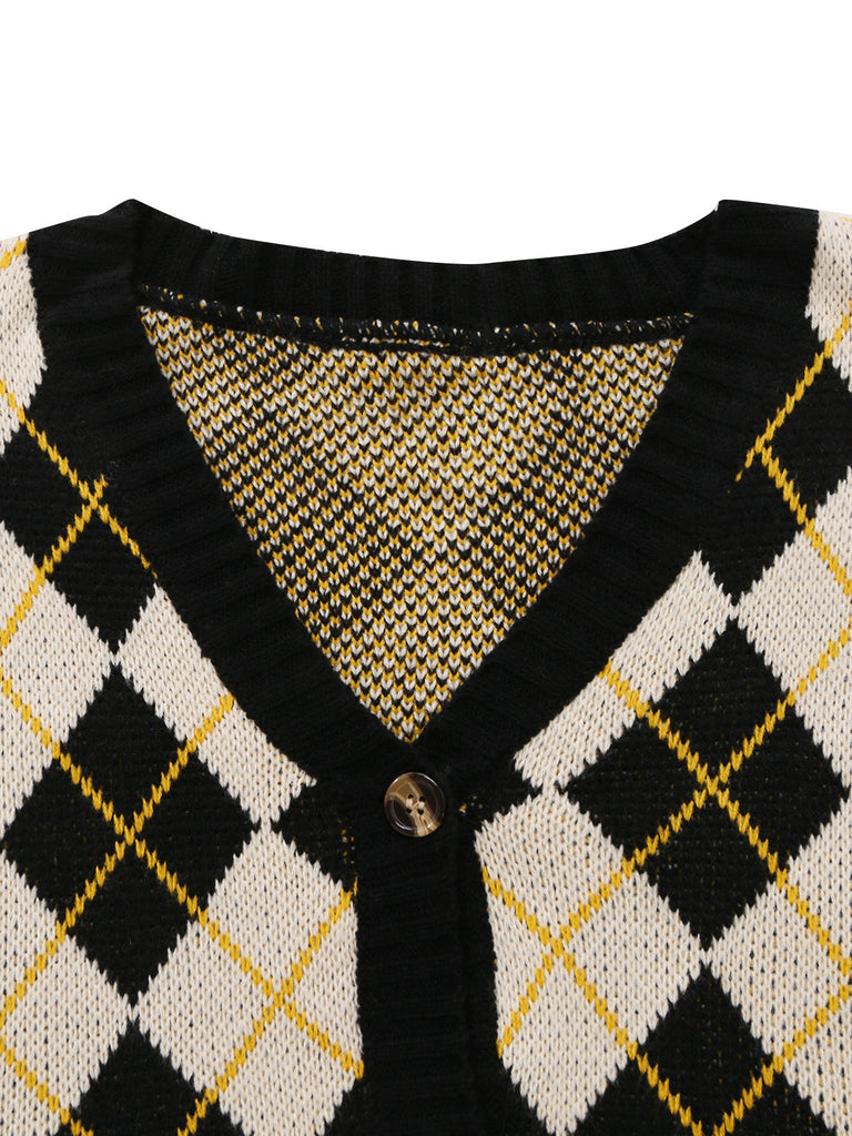 80er Argyle-Strickjacke mit V-Ausschnitt und Knopfleiste