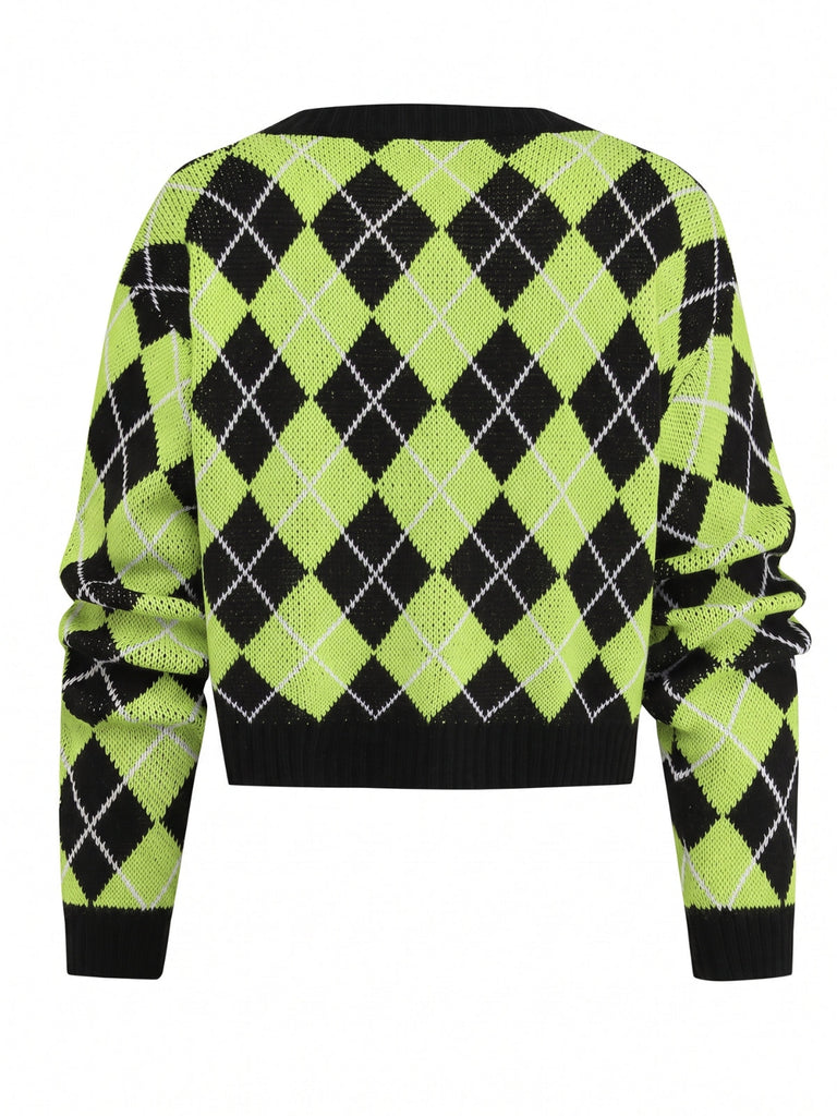 80er Argyle-Strickjacke mit V-Ausschnitt und Knopfleiste