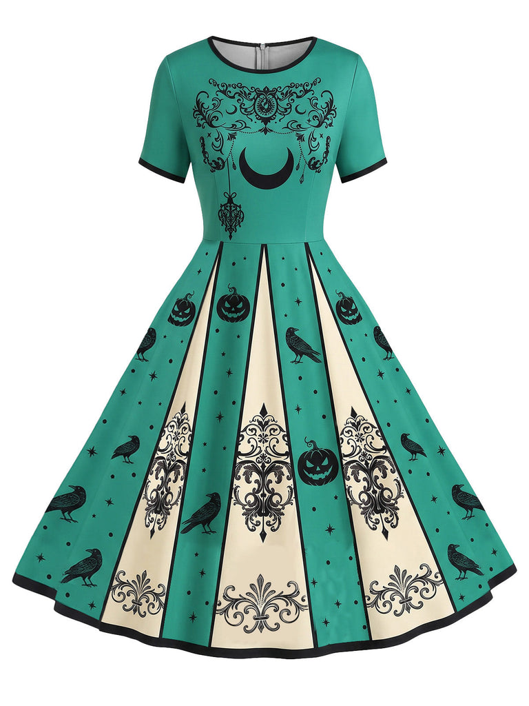 Türkises 50er Steampunk Kleid mit Raben und Kürbis