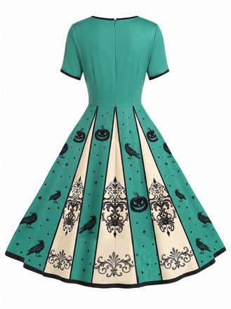 Türkises 50er Steampunk Kleid mit Raben und Kürbis