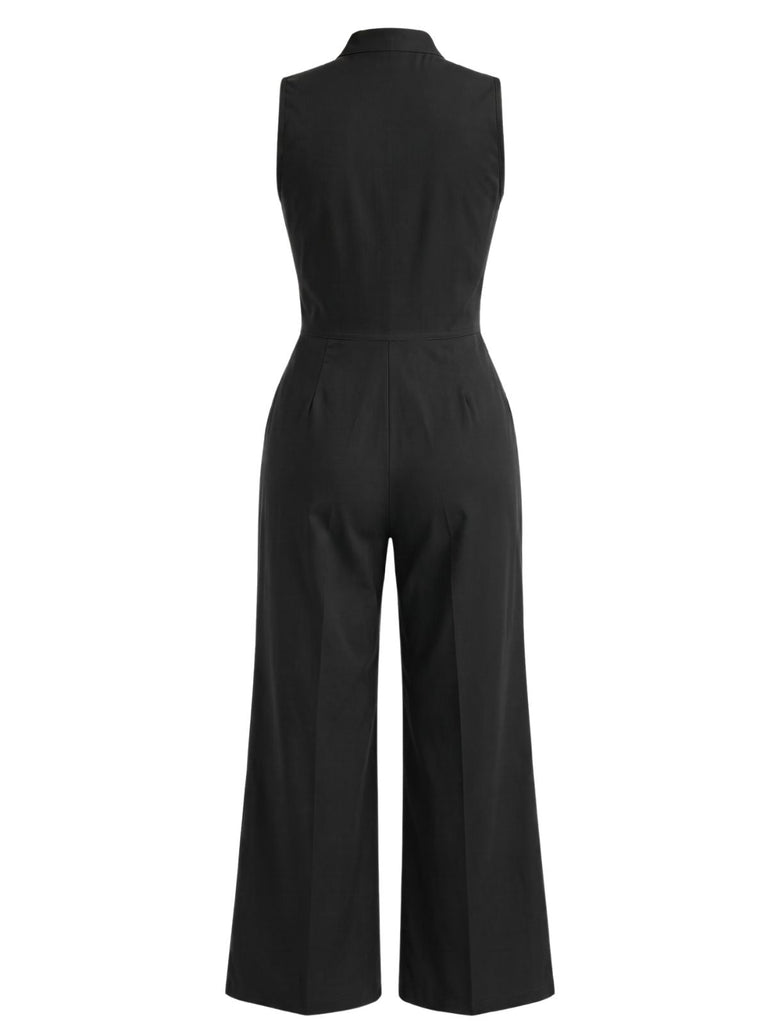 50er Utility-Jumpsuit ohne Ärmel mit Revers, Knöpfen und Taschen