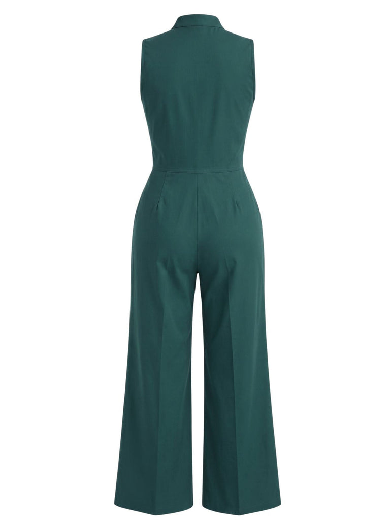 50er Utility-Jumpsuit ohne Ärmel mit Revers, Knöpfen und Taschen