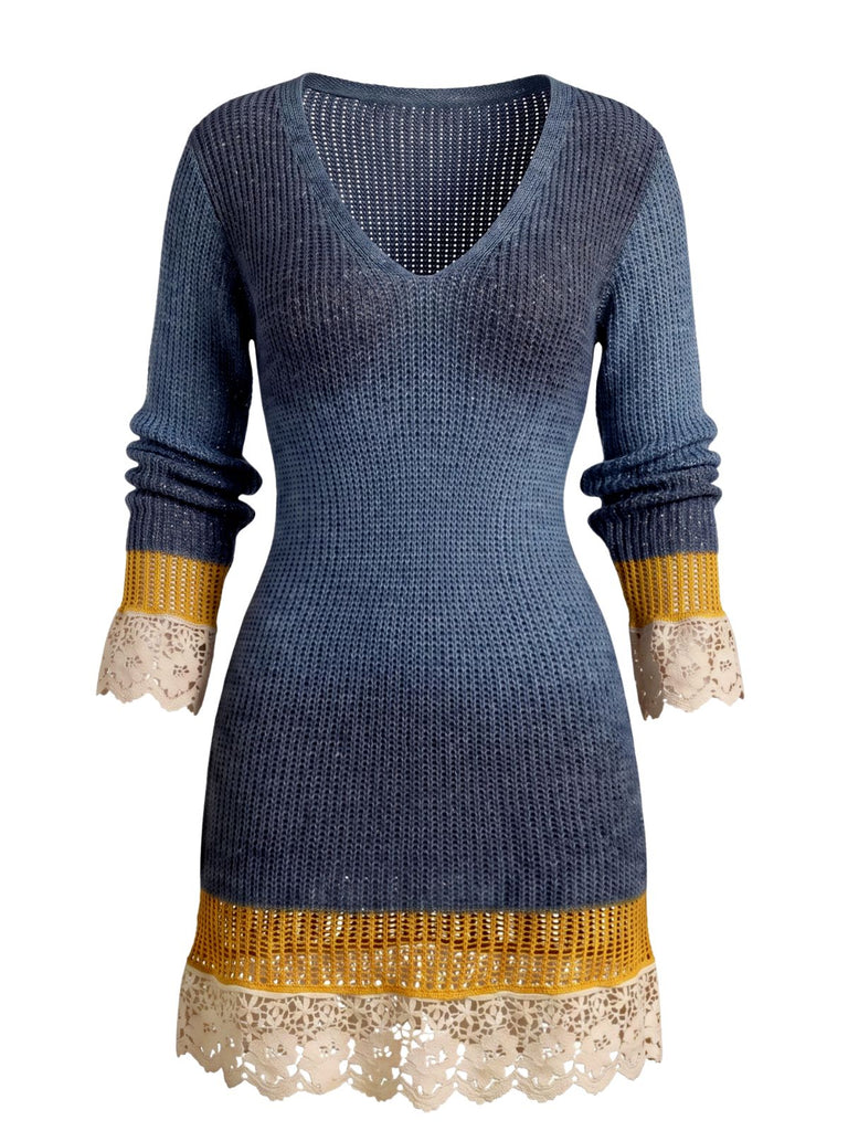 Blaues 60er Strick-Minikleid mit Spitzenbesatz und V-Ausschnitt