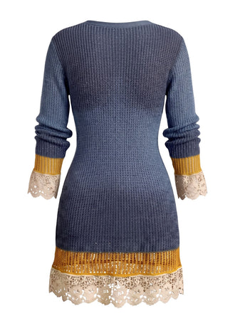 Blaues 60er Strick-Minikleid mit Spitzenbesatz und V-Ausschnitt