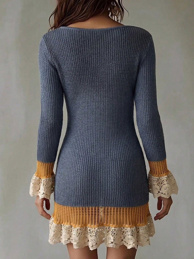 Blaues 60er Strick-Minikleid mit Spitzenbesatz und V-Ausschnitt