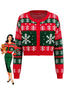 Rote & grüne kurze 50er Weihnachts-Strickjacke mit Schneeflocken