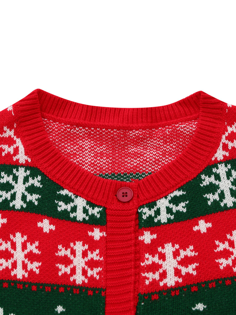 Rote & grüne kurze 50er Weihnachts-Strickjacke mit Schneeflocken