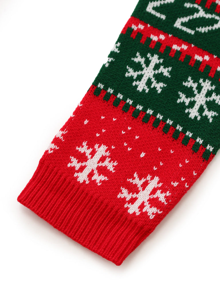 Rote & grüne kurze 50er Weihnachts-Strickjacke mit Schneeflocken