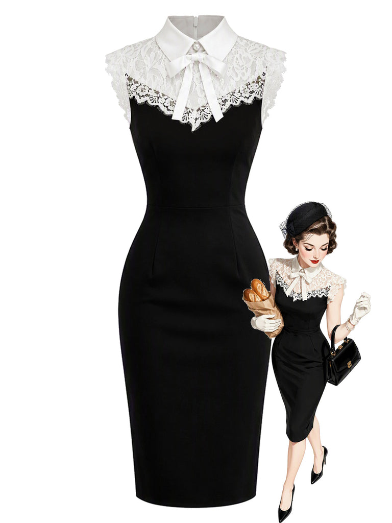 Schwarzes & weißes 60er Bodycon-Kleid mit Spitzenkragen und Schleife