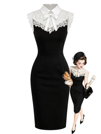 Schwarzes & weißes 60er Bodycon-Kleid mit Spitzenkragen und Schleife