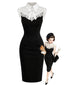 [Vorverkauf] Schwarzes & weißes 60er Bodycon-Kleid mit Spitzenkragen und Schleife