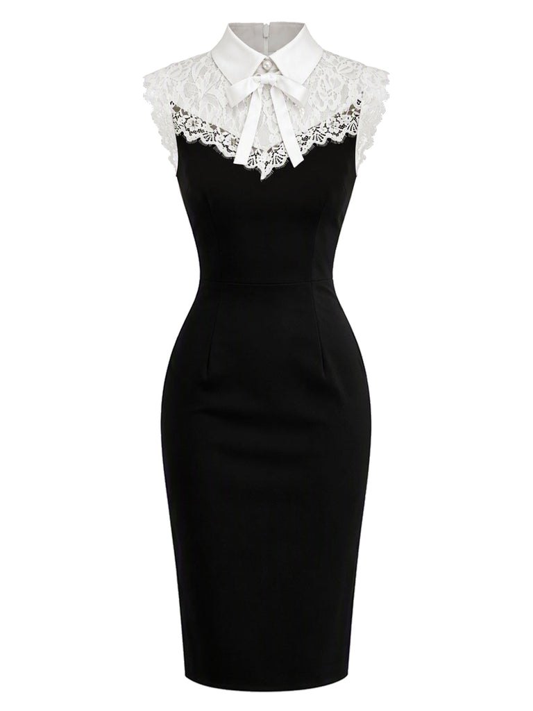 Schwarzes & weißes 60er Bodycon-Kleid mit Spitzenkragen und Schleife