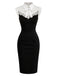 Schwarzes & weißes 60er Bodycon-Kleid mit Spitzenkragen und Schleife