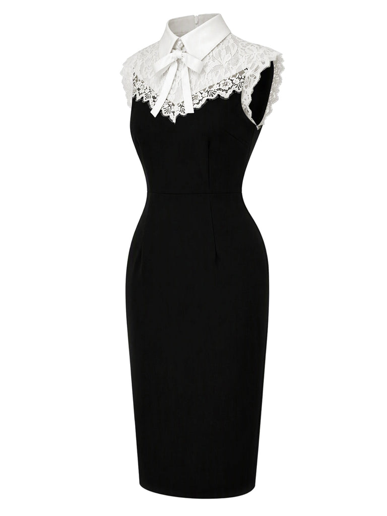 Schwarzes & weißes 60er Bodycon-Kleid mit Spitzenkragen und Schleife