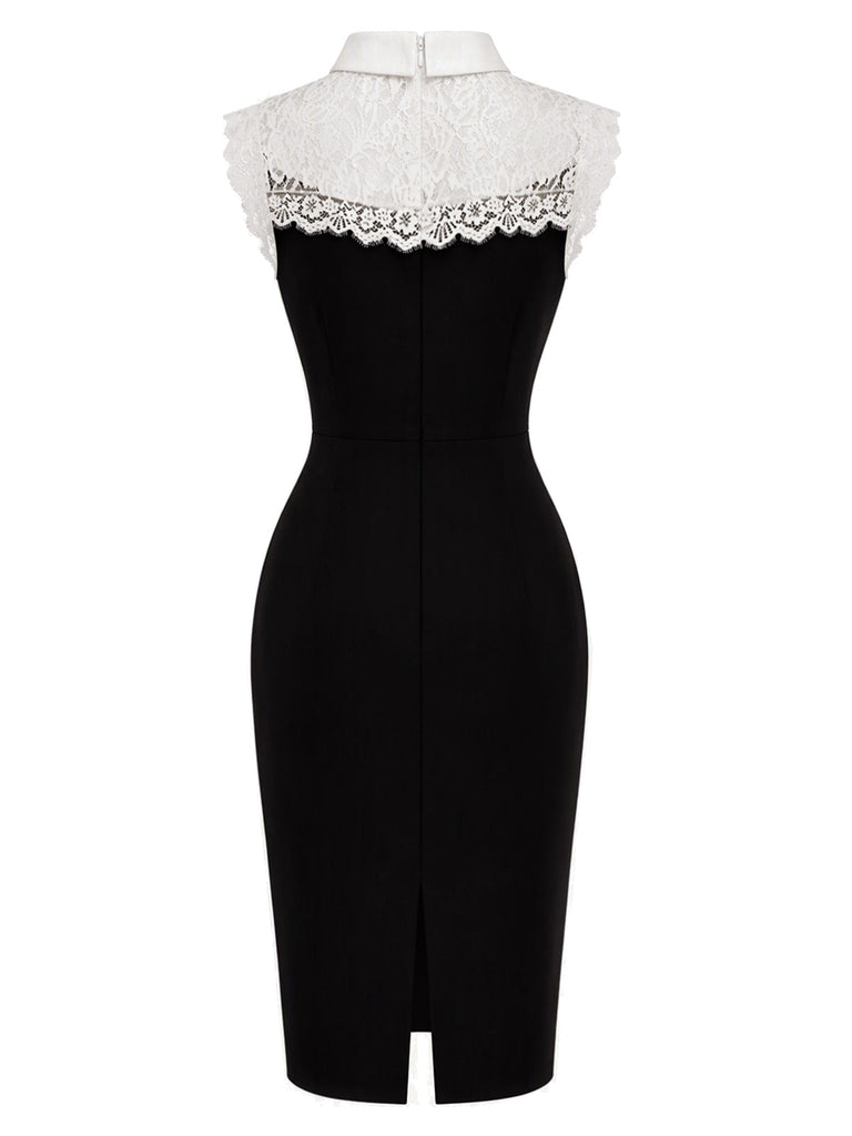 Schwarzes & weißes 60er Bodycon-Kleid mit Spitzenkragen und Schleife