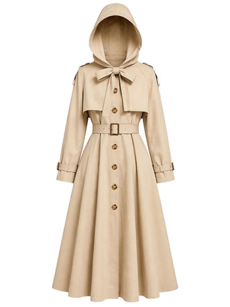 Khaki 50er Kapuzenkleid mit Zweiteiler-Optik und Gürtel