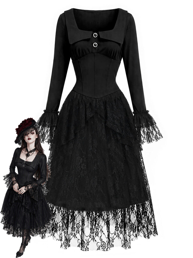 Schwarzes viktorianisches 70er Gothic-Korsettkleid mit Spitze und Rüschen