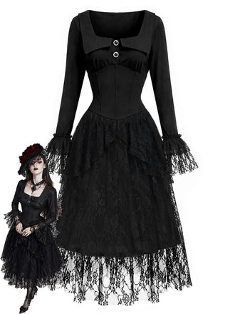 Schwarzes viktorianisches 70er Gothic-Korsettkleid mit Spitze und Rüschen