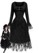 Schwarzes viktorianisches 70er Gothic-Korsettkleid mit Spitze und Rüschen