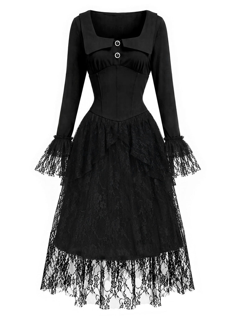 Schwarzes viktorianisches 70er Gothic-Korsettkleid mit Spitze und Rüschen
