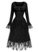 Schwarzes viktorianisches 70er Gothic-Korsettkleid mit Spitze und Rüschen