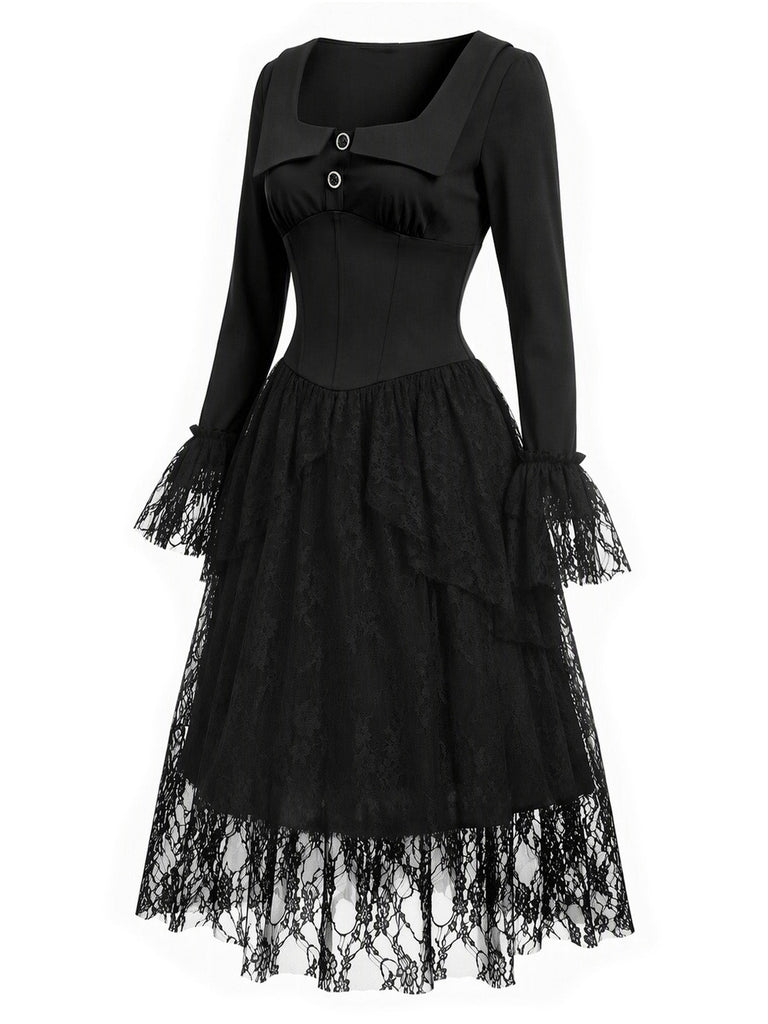 Schwarzes viktorianisches 70er Gothic-Korsettkleid mit Spitze und Rüschen