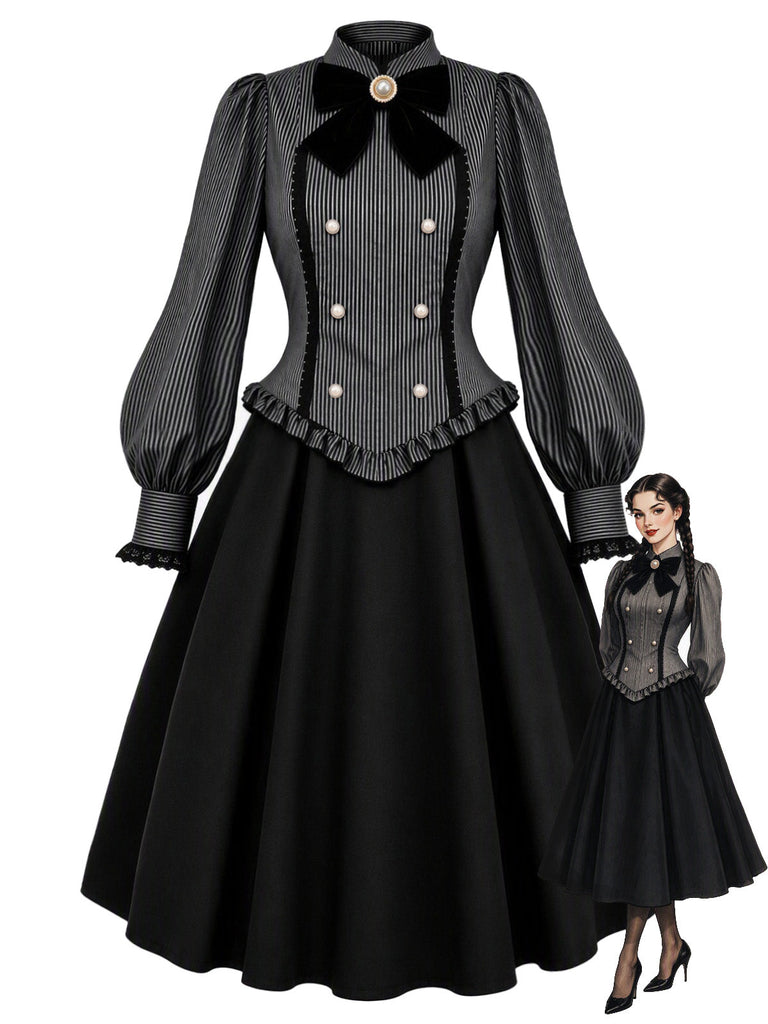 50er Nadelstreifenkleid mit Stehkragen und Bischofsärmeln