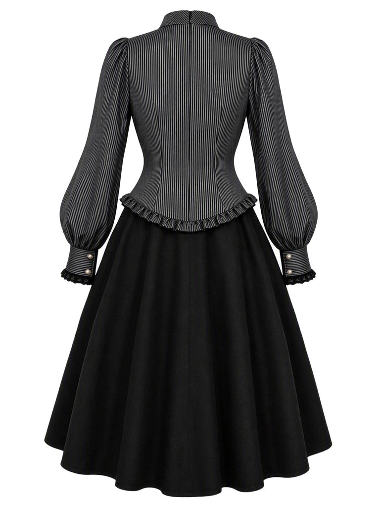 50er Nadelstreifenkleid mit Stehkragen und Bischofsärmeln