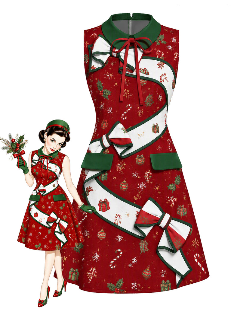 Ärmelloses 60er A-Linien-Kleid mit Weihnachtsprint und Schleife