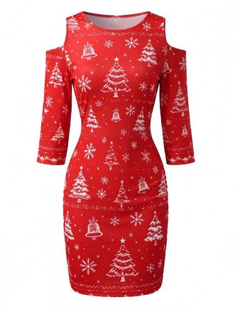 60er Bleistiftkleid mit Cold Shoulder, Tannenbaum und Schneeflocken