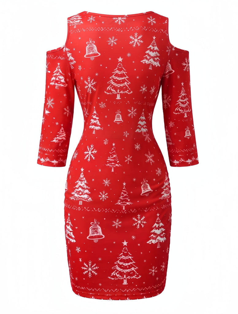 60er Bleistiftkleid mit Cold Shoulder, Tannenbaum und Schneeflocken