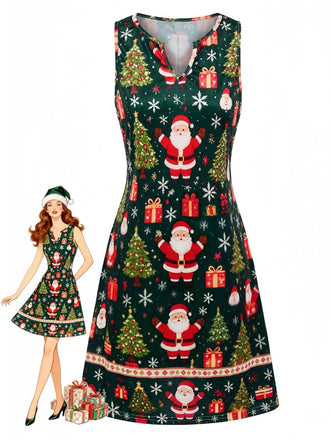 Grünes 60er Kleid mit Weihnachtsmann-Print und V-Kerbausschnitt