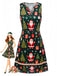 Grünes 60er Kleid mit Weihnachtsmann-Print und V-Kerbausschnitt