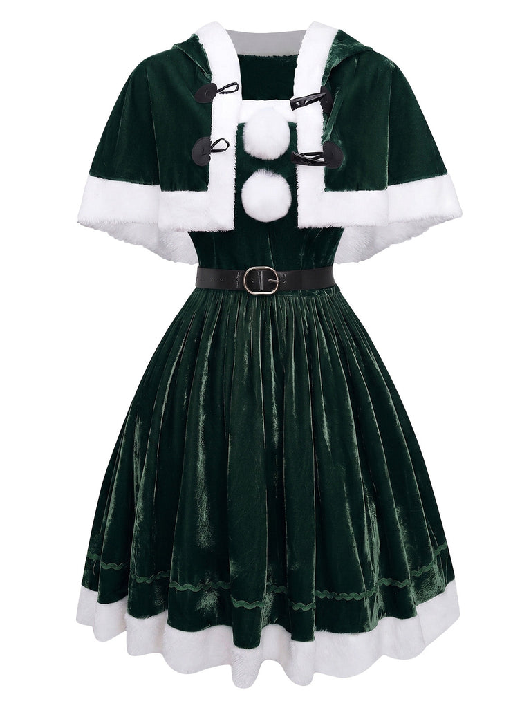 Grünes 50er Weihnachts-Samt-Bandeaukleid und Cape