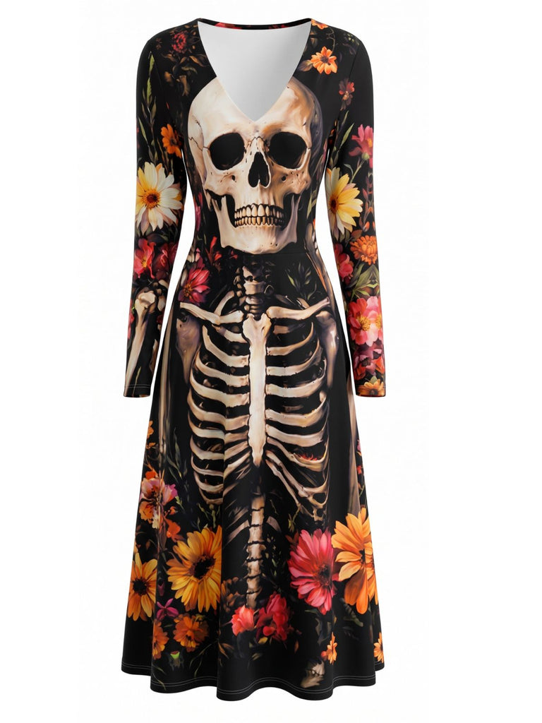 Schwarzes 40er Midikleid mit Skelett-Print und Blumen