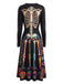 Schwarzes 40er Midikleid mit Skelett-Print und Blumen