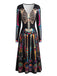 Schwarzes 40er Midikleid mit Skelett-Print und Blumen