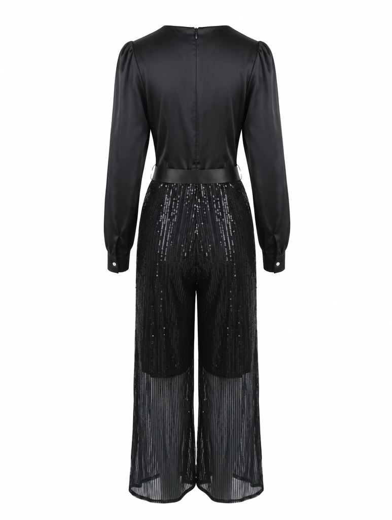 50er Pailletten-Jumpsuit mit V-Ausschnitt und Langarm