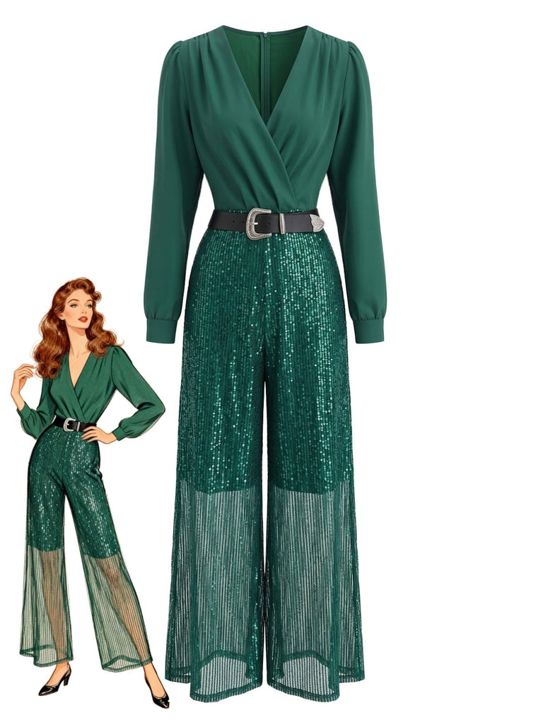 50er Pailletten-Jumpsuit mit V-Ausschnitt und Langarm