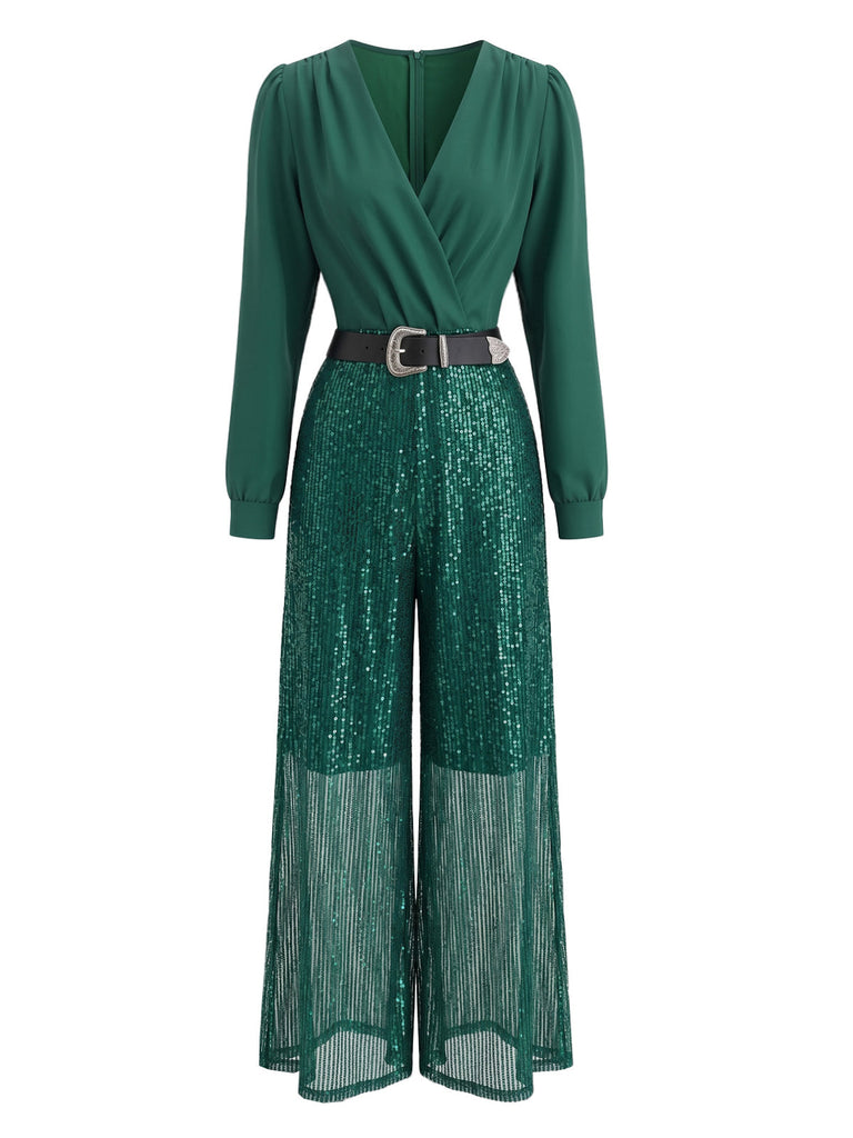 50er Pailletten-Jumpsuit mit V-Ausschnitt und Langarm