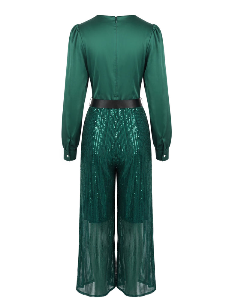 50er Pailletten-Jumpsuit mit V-Ausschnitt und Langarm