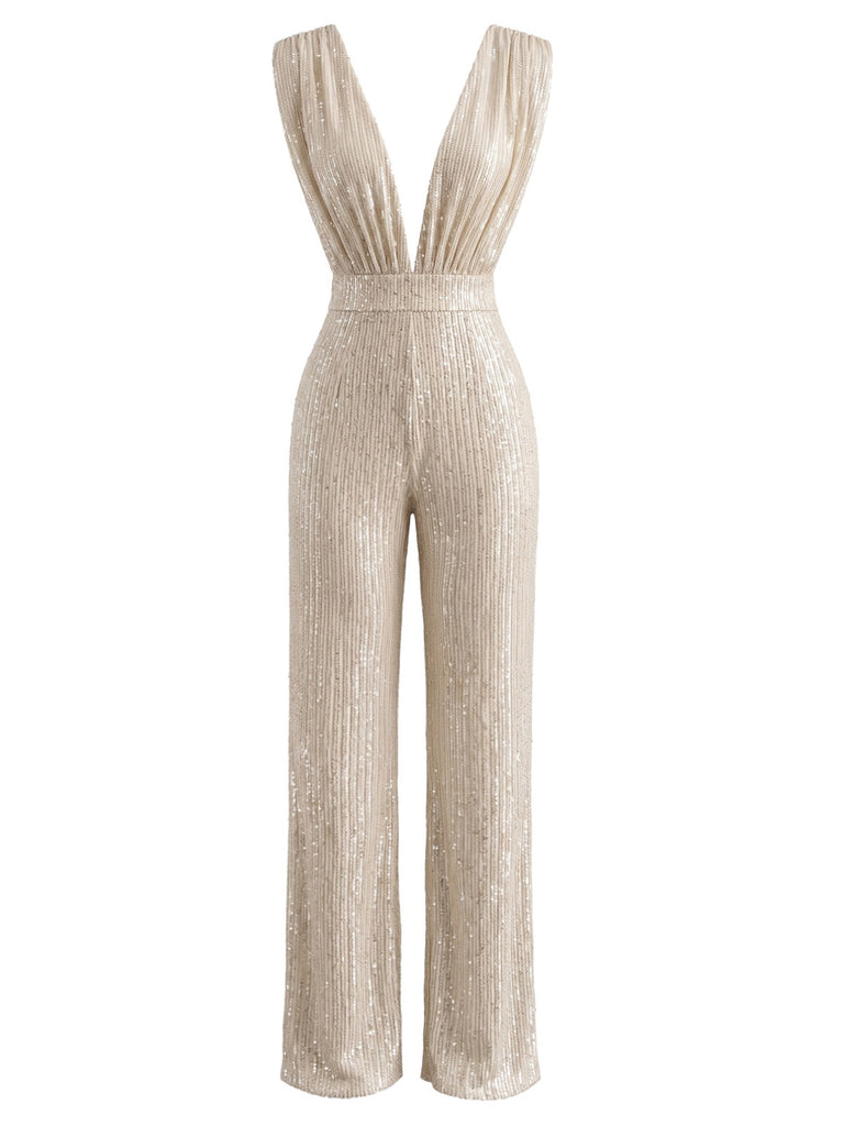 Champagner 80er Jumpsuit mit Pailletten und tiefem V-Ausschnitt