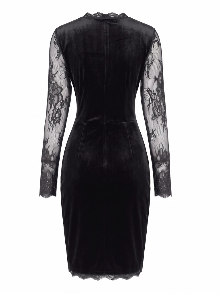 60er Samt-Bodyconkleid mit Spitzenärmeln
